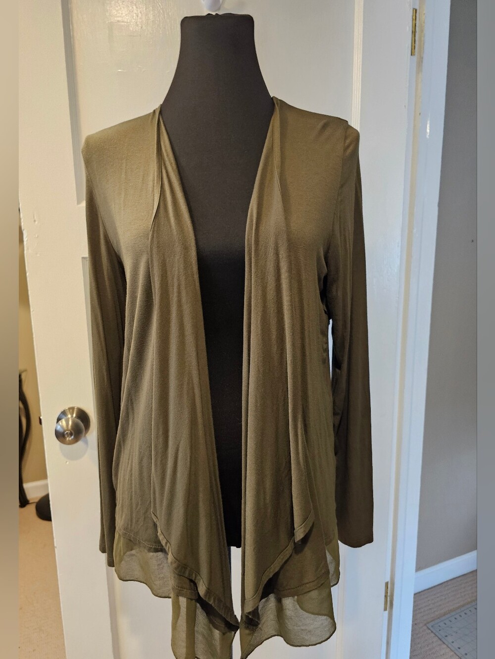 Women's Olive Green Open-Front Draped Waterfall Cardigan - Size L